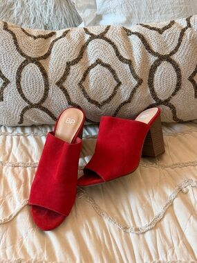 bp Red Suede Open-Toe Block Heel Mules